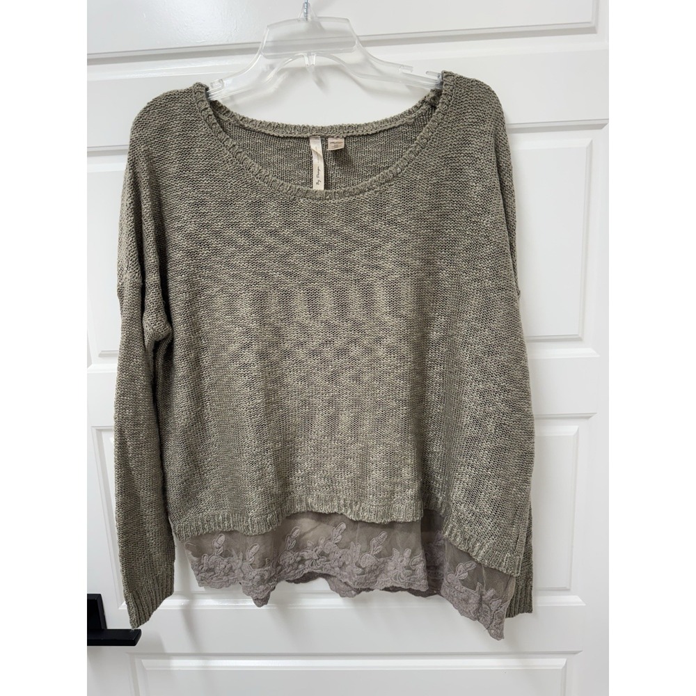 By Design Womens Medium Boho Pullover Sweater Green Brown Tulle Lace Hem Beach